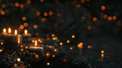 Christmas banner with copy space, candles close up with garland and bokeh on dark background with space for text