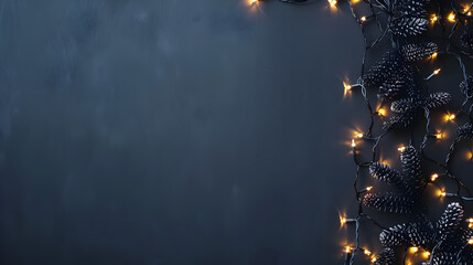 Christmas banner with copy space, glowing garland on dark blue background with space for text