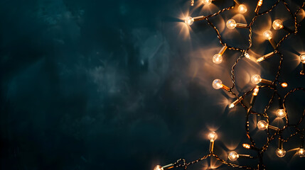 Christmas banner with copy space, glowing garland on dark blue background with space for text