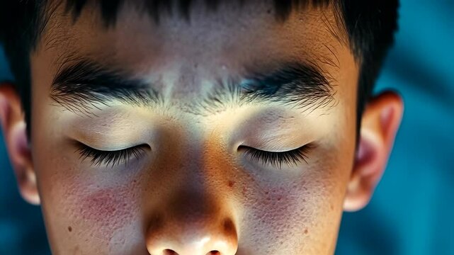 A close-up view of a young Asian male with closed eyes bathed in soft lighting. His serene expression and detailed facial features suggest a peaceful, introspective moment. The ambient lighting and