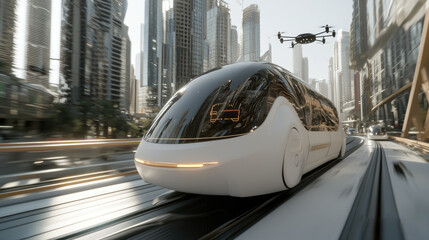 Futuristic transit center: A high-tech hub showcasing autonomous cars and drones in a sleek, modern cityscape with tall skyscrapers and advanced transportation systems.