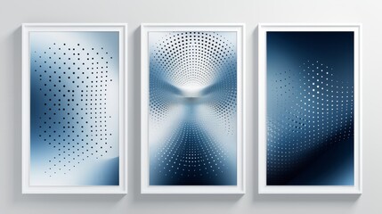 Set of 3 Abstract Blue Gradient Poster Backgrounds: Modern Cover Template Featuring Geometric Prism Shapes and Halftone Dots for Social Media and Advertising