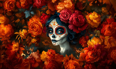 Mexican Woman Day Of The Dead Skull Face Paint Portrait Halloween Makeup. Digital illustration