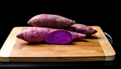 purple sweet yam with a clear and sharp appearance placed on a cutting board on a black background