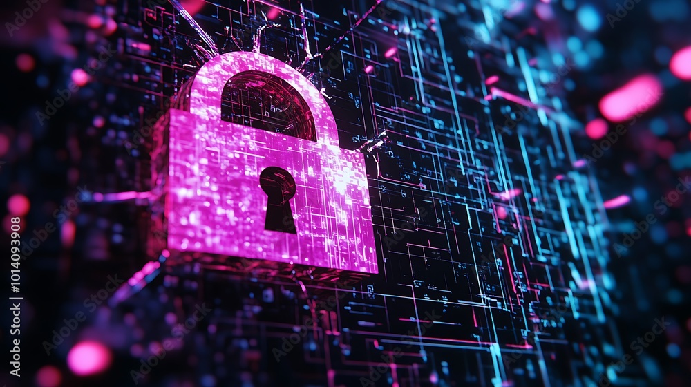 Poster A glowing pink padlock symbol on a digital circuit board, representing cybersecurity and data protection.