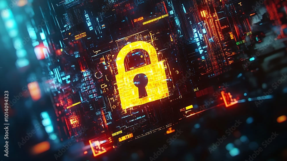 Poster A glowing yellow padlock symbol embedded in a digital circuit board with a red and blue background.