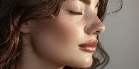 Fototapeta premium Profile of a woman with closed eyes against a gray backdrop. Features radiant skin and hair, highlighting skincare and cosmetics after a salon treatment