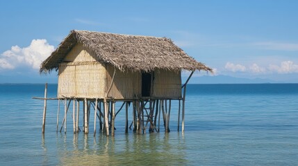 A rustic wooden stilt house stands above clear, calm ocean water under a bright blue sky, showcasing serene coastal living in a tropical setting.
