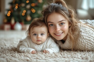 Obraz premium Beautiful young mother and her adorable little baby in warm knitted hats and scarves on the background of the Christmas tree. Happy family concept.