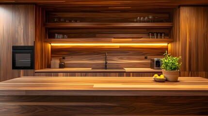 Wooden home kitchen interior with a bar island and cooking cabinet