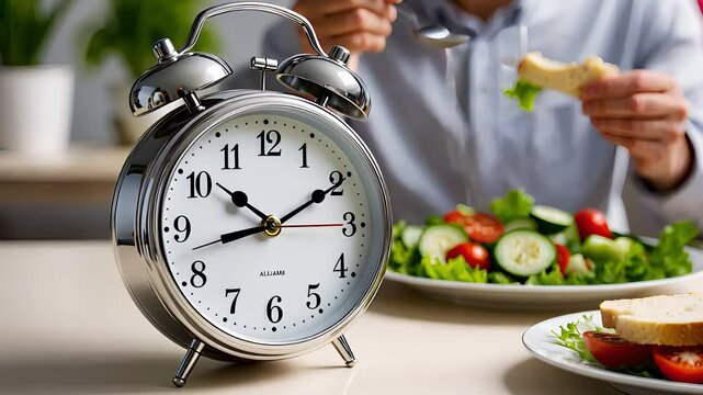 Alarm Clock on Table as Person Eats Healthy Salad Representing Intermittent Fasting

