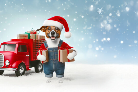 Cute dog with Christmas hat holding packages on red truck, depicting a delightful delivery scene. Illustrates Christmas delivery service concept, Shipping method,