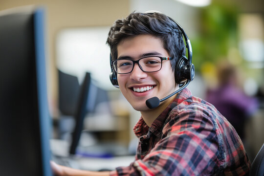 A young man wears a headset and smiles in front of a computer a customer service phone support environment - Powered by Adobe