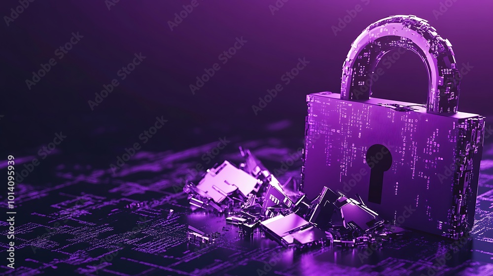 Poster A 3D rendering of a shiny metallic padlock on a circuit board background with shattered pieces of the board around it. The padlock is purple and glowing in a dark setting.