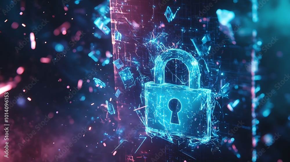 Poster abstract digital padlock made of glowing particles, representing data security, protection, and cybe