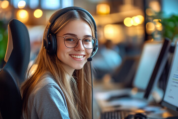A young woman wearing a headset and smiling while working on a computer a customer service phone support environment