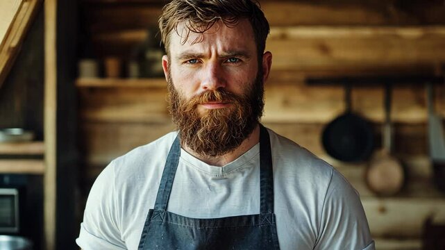 A bearded man in a white shirt and black apron stands in a rustic kitchen