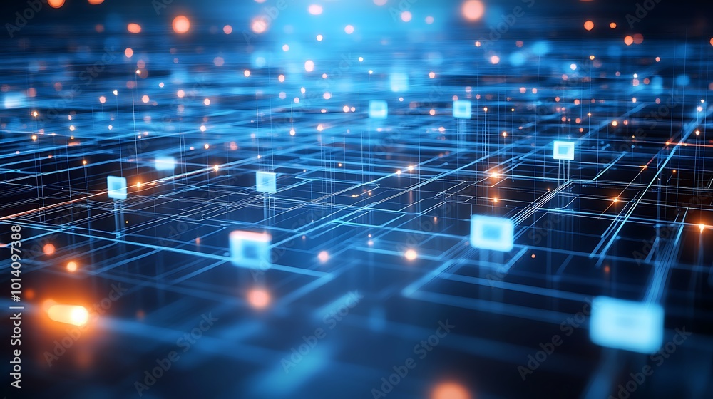 Poster Abstract digital network with glowing nodes and lines, representing data flow and connections.