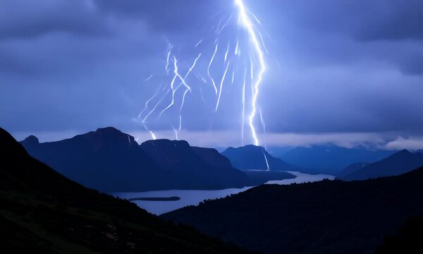 Lightning strike tearing through a night sky over mountains. Video
