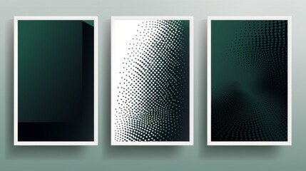 Set of 3 Abstract Evergreen  Gradient Poster Backgrounds: Modern Cover Template Featuring Geometric Prism Shapes and Halftone Dots for Social Media and Advertising