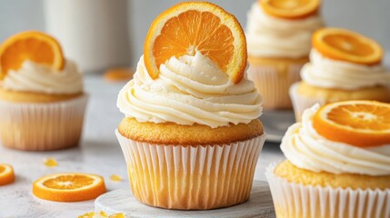 A stack of freshly baked orange cupcakes with buttercream frosting, decorated with slices of candied oranges on top.