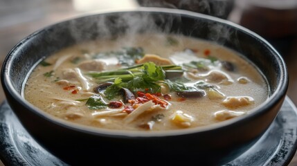 A steaming bowl of Thai chicken coconut soup (Tom Kha Gai), with lemongrass, mushrooms, and chili oil floating on top.