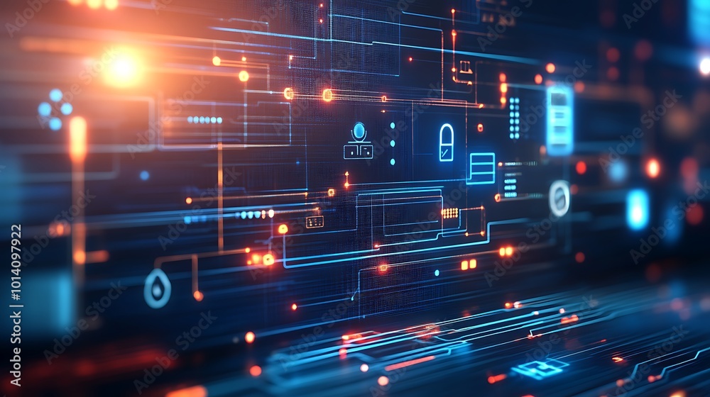 Poster Abstract digital background with glowing lines and symbols representing data security.