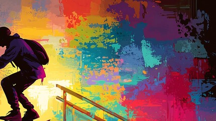 Freestyle skater gliding across a handrail in a vibrant urban environment creating an energetic and colorful vector wallpaper