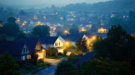 A suburban neighborhood during a power outage, with one house brightly lit thanks to its solar power system.