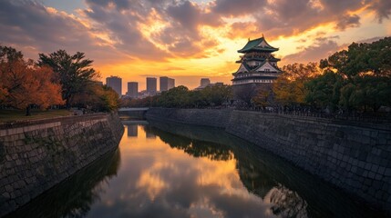 A sunset view of Osaka Castle with the golden hues of the sky reflecting in the surrounding moat.