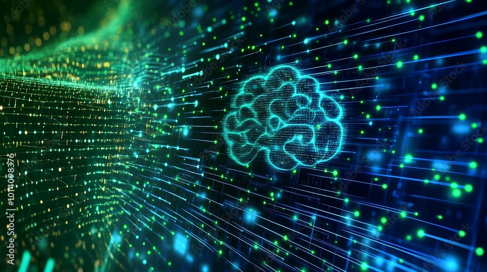 Poster A digital representation of a brain with lines and particles flowing through it.
