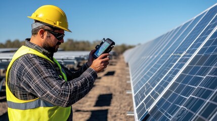 A technician using a thermal imaging camera to inspect solar panels for efficiency and performance issues.