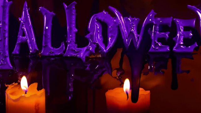 Halloween themed candles with purple wax dripping in a dimly lit room