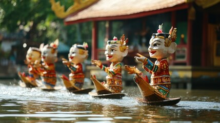 A traditional Vietnamese water puppet performance, with puppets gliding across the surface of the water in an open-air theater.