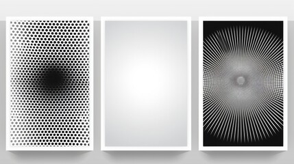 set of 3 frame Abstract monochrome gradient poster background vector set. Modern cover template with black and white perspective geometric prism shape, halftone dot.  