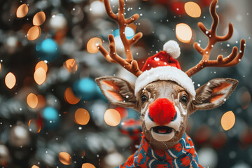 Rudolph posing in the snow with glowing red nose and antlers ready to lead Santa’s sleigh on Christmas night