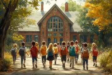 Obraz premium A group of children walking in front of a building