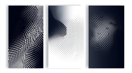 set of 3 frame Abstract navy gradient poster background vector set. Modern cover template with navy and white perspective geometric prism shape, halftone dot. Ideal design for social media, banner, ad