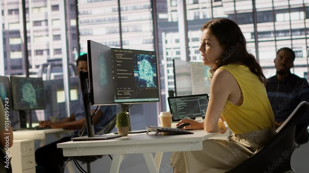 Poster manager discussing with employees in office, developing artificial intelligence machine learning api