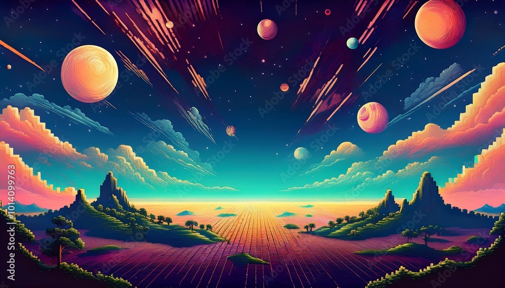 Wall mural a vibrant retro pixel art background depicting a sprawling outer space scene with planets and colorf
