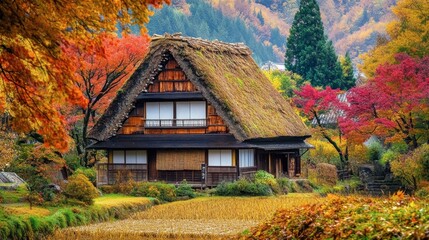 A view of a traditional Japanese house with a thatched roof, surrounded by colorful autumn foliage.
