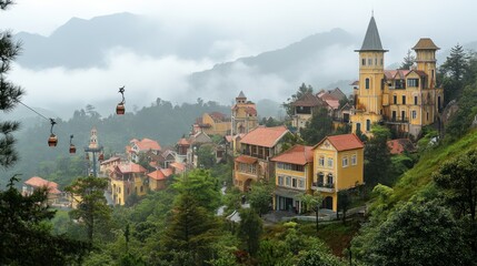 Obraz premium A view of Ba Na Hills, with the French-style village and famous cable cars ascending into the misty mountains.
