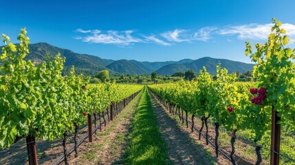 Fototapeta premium A vineyard in full bloom with grapevines growing along wooden trellises under a cloudless sky.