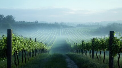 Obraz premium A vineyard in the early morning fog, with rows of grapevines disappearing into the misty distance.