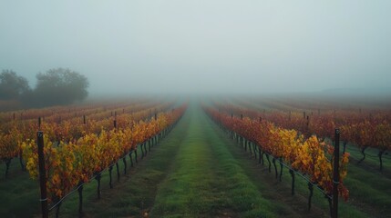 Naklejka premium A vineyard in the early morning fog, with rows of grapevines disappearing into the misty distance.