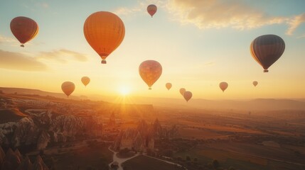 A wide shot of hot air balloons in various shades of orange floating above a scenic landscape during sunrise.
