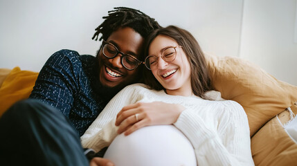 Happy multi-ethnic couple enjoying time together while expecting a baby