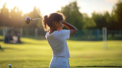 A young golfer taking lessons on the driving range, learning to perfect their swing.