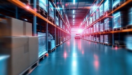 A warehouse interior with shelves stacked with boxes and a delivery vehicle.