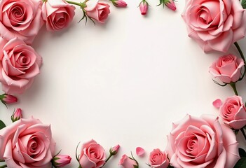 Delicate pink roses surround a blank space, perfect for writing personal messages. This lovely floral arrangement adds elegance to any occasion. Background for birthday, mother day, valentine day. AI